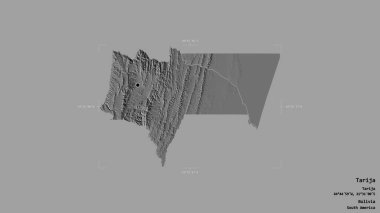 Area of Tarija, department of Bolivia, isolated on a solid background in a georeferenced bounding box. Labels. Bilevel elevation map. 3D rendering clipart