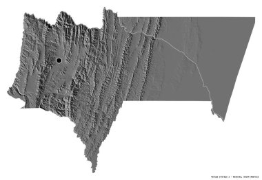 Tarija 'nın şekli, Bolivya Bölümü, başkenti beyaz arka planda izole edilmiş. Çift seviyeli yükseklik haritası. 3B görüntüleme