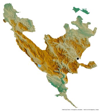 Bosna-Hersek 'in tarafı olan Federacija Bosna i Hercegovina' nın şekli, başkenti beyaz arka planda izole edilmiş. Topografik yardım haritası. 3B görüntüleme