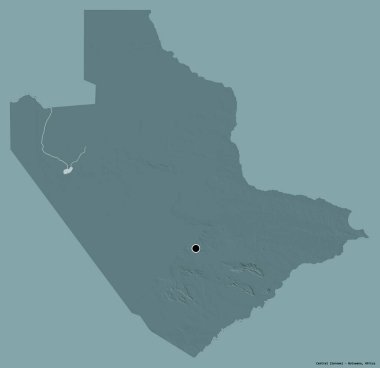 Merkezin şekli, Botswana ilçesi, başkenti katı bir renk arkaplanı ile izole edilmiş. Renkli yükseklik haritası. 3B görüntüleme