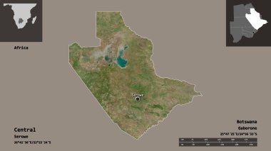 Merkezin şekli, Botswana bölgesi ve başkenti. Uzaklık ölçeği, ön gösterimler ve etiketler. Uydu görüntüleri. 3B görüntüleme