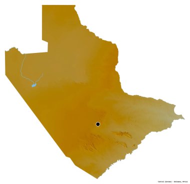 Merkezin şekli, Botswana bölgesi, başkenti beyaz arka planda izole edilmiş. Topografik yardım haritası. 3B görüntüleme