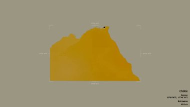 Chobe bölgesi, Botswana bölgesi, sağlam bir arka planda izole edilmiş bir sınır kutusunda. Etiketler. Topografik yardım haritası. 3B görüntüleme