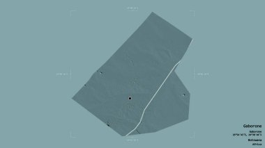 Gaborone bölgesi, Botswana şehri, katı bir arka planda izole edilmiş bir sınır kutusunda. Etiketler. Renkli yükseklik haritası. 3B görüntüleme