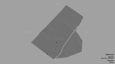 Gaborone bölgesi, Botswana şehri, katı bir arka planda izole edilmiş bir sınır kutusunda. Etiketler. Çift seviyeli yükseklik haritası. 3B görüntüleme