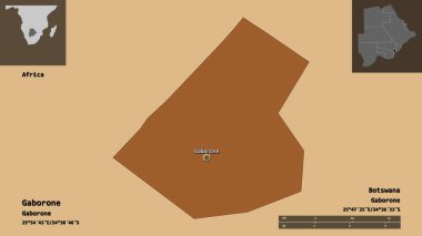 Gaborone 'un şekli, Botswana şehri ve başkenti. Uzaklık ölçeği, ön gösterimler ve etiketler. Desenli dokuların bileşimi. 3B görüntüleme