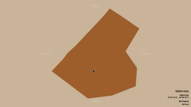 Gaborone bölgesi, Botswana şehri, katı bir arka planda izole edilmiş bir sınır kutusunda. Etiketler. Desenli dokuların bileşimi. 3B görüntüleme