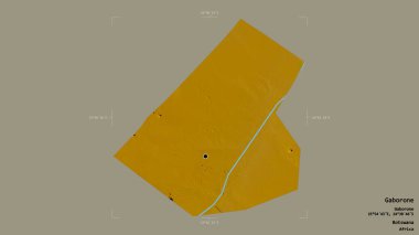 Gaborone bölgesi, Botswana şehri, katı bir arka planda izole edilmiş bir sınır kutusunda. Etiketler. Topografik yardım haritası. 3B görüntüleme
