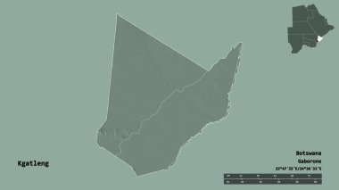 Botswana 'nın Kgatleng ilçesi, başkenti katı bir zemin ile izole edilmiştir. Uzaklık ölçeği, bölge önizlemesi ve etiketleri. Renkli yükseklik haritası. 3B görüntüleme