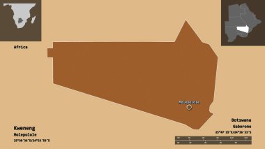 Botswana 'nın Kweneng ilçesi ve başkenti. Uzaklık ölçeği, ön gösterimler ve etiketler. Desenli dokuların bileşimi. 3B görüntüleme