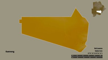 Botswana 'nın Kweneng ilçesi, başkenti katı bir zemin ile izole edilmiştir. Uzaklık ölçeği, bölge önizlemesi ve etiketleri. Topografik yardım haritası. 3B görüntüleme