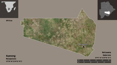 Botswana 'nın Kweneng ilçesi ve başkenti. Uzaklık ölçeği, ön gösterimler ve etiketler. Uydu görüntüleri. 3B görüntüleme