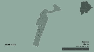 Güneydoğu 'nun şekli, Botswana bölgesi, başkenti sağlam bir zemin üzerinde izole edilmiş. Uzaklık ölçeği, bölge önizlemesi ve etiketleri. Renkli yükseklik haritası. 3B görüntüleme
