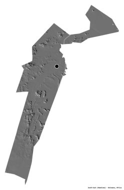 Botswana 'nın güneydoğu bölgesi, başkenti beyaz arka planda izole edilmiş. Çift seviyeli yükseklik haritası. 3B görüntüleme