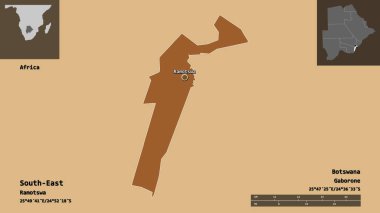 Güneydoğu 'nun şekli, Botswana bölgesi ve başkenti. Uzaklık ölçeği, ön gösterimler ve etiketler. Desenli dokuların bileşimi. 3B görüntüleme