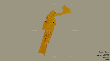 Güneydoğu bölgesi, Botswana bölgesi, katı bir arka planda izole edilmiş bir sınır kutusunda. Etiketler. Topografik yardım haritası. 3B görüntüleme