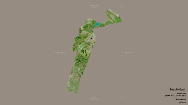 Güneydoğu bölgesi, Botswana bölgesi, katı bir arka planda izole edilmiş bir sınır kutusunda. Etiketler. Uydu görüntüleri. 3B görüntüleme