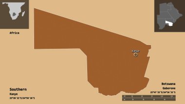 Güney 'in şekli, Botswana' nın bölgesi ve başkenti. Uzaklık ölçeği, ön gösterimler ve etiketler. Desenli dokuların bileşimi. 3B görüntüleme