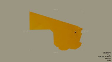 Güney bölgesi, Botswana bölgesi, katı bir arka planda izole edilmiş bir sınır kutusu. Etiketler. Topografik yardım haritası. 3B görüntüleme