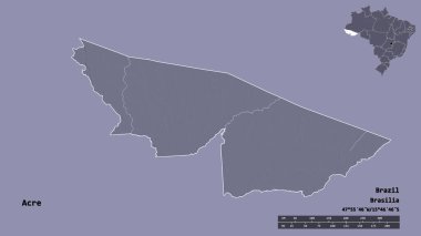 Acre 'nin şekli, Brezilya eyaleti, başkenti sağlam bir zemin üzerinde izole edilmiş. Uzaklık ölçeği, bölge önizlemesi ve etiketleri. Renkli yükseklik haritası. 3B görüntüleme