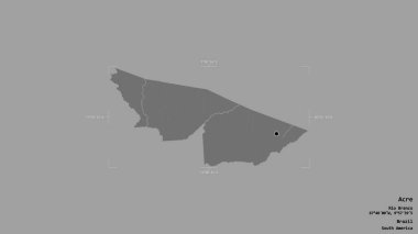 Acre bölgesi, Brezilya eyaleti, katı bir arka planda izole edilmiş bir sınır kutusunda. Etiketler. Çift seviyeli yükseklik haritası. 3B görüntüleme