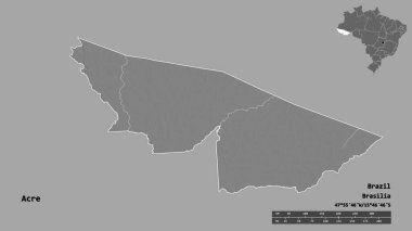Acre 'nin şekli, Brezilya eyaleti, başkenti sağlam bir zemin üzerinde izole edilmiş. Uzaklık ölçeği, bölge önizlemesi ve etiketleri. Çift seviyeli yükseklik haritası. 3B görüntüleme