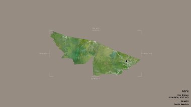 Acre bölgesi, Brezilya eyaleti, katı bir arka planda izole edilmiş bir sınır kutusunda. Etiketler. Uydu görüntüleri. 3B görüntüleme