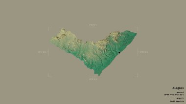 Alagoas bölgesi, Brezilya eyaleti, katı bir arka planda izole edilmiş bir sınır kutusunda. Etiketler. Topografik yardım haritası. 3B görüntüleme