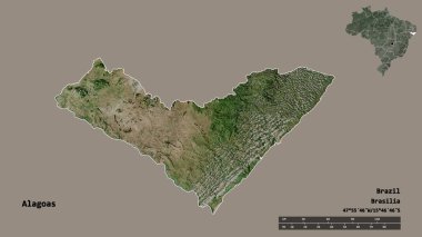 Alagoas 'ın şekli, Brezilya eyaleti, başkenti sağlam bir zemin üzerinde izole edilmiş. Uzaklık ölçeği, bölge önizlemesi ve etiketleri. Uydu görüntüleri. 3B görüntüleme