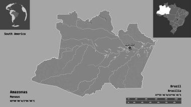 Amazon 'un şekli, Brezilya eyaleti ve başkenti. Uzaklık ölçeği, ön gösterimler ve etiketler. Çift seviyeli yükseklik haritası. 3B görüntüleme