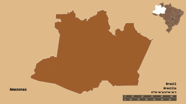 Amazon 'un şekli, Brezilya eyaleti, sermayesi sağlam bir zemin üzerinde izole edilmiş. Uzaklık ölçeği, bölge önizlemesi ve etiketleri. Desenli dokuların bileşimi. 3B görüntüleme