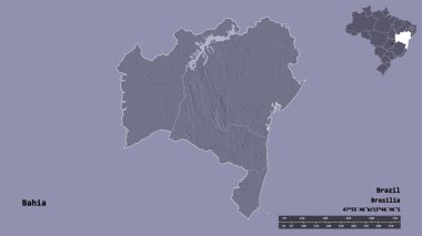 Bahia 'nın şekli, Brezilya eyaleti, başkenti sağlam bir zemin üzerinde izole edilmiş. Uzaklık ölçeği, bölge önizlemesi ve etiketleri. Renkli yükseklik haritası. 3B görüntüleme