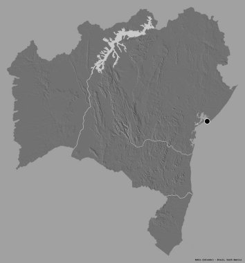 Bahia 'nın şekli, Brezilya eyaleti, başkenti katı renk arkaplanı ile izole edilmiş. Çift seviyeli yükseklik haritası. 3B görüntüleme