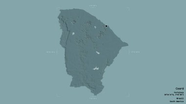 Ceara bölgesi, Brezilya eyaleti, katı bir arka planda izole edilmiş bir sınır kutusunda. Etiketler. Renkli yükseklik haritası. 3B görüntüleme