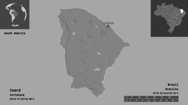 Ceara 'nın şekli, Brezilya eyaleti ve başkenti. Uzaklık ölçeği, ön gösterimler ve etiketler. Çift seviyeli yükseklik haritası. 3B görüntüleme