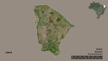 Brezilya 'nın Ceara eyaleti, başkenti katı bir zemin üzerinde izole edilmiştir. Uzaklık ölçeği, bölge önizlemesi ve etiketleri. Uydu görüntüleri. 3B görüntüleme