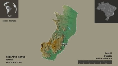 Espirito Santo 'nun şekli, Brezilya eyaleti ve başkenti. Uzaklık ölçeği, ön gösterimler ve etiketler. Topografik yardım haritası. 3B görüntüleme