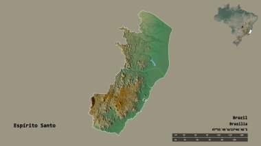 Espirito Santo 'nun şekli, Brezilya eyaleti, sermayesi sağlam arka planda izole edilmiş. Uzaklık ölçeği, bölge önizlemesi ve etiketleri. Topografik yardım haritası. 3B görüntüleme
