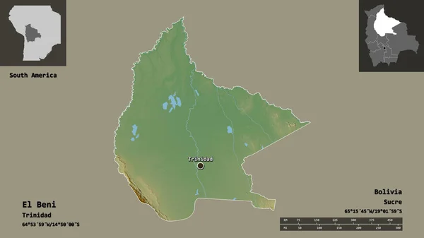 玻利维亚省El Beni的形状及其首都 距离刻度 预览和标签 地形浮雕图 3D渲染 — 图库照片