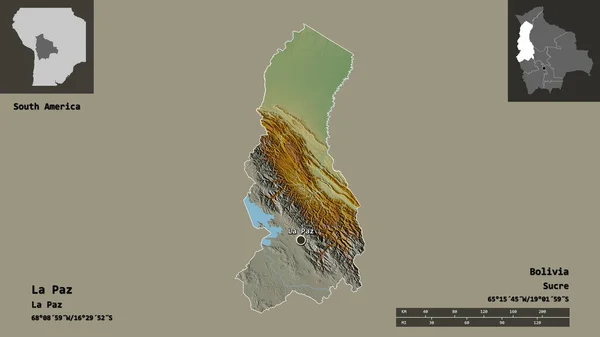 Form Paz Bolivia Och Dess Huvudstad Avståndsskala Förhandsvisningar Och Etiketter — Stockfoto