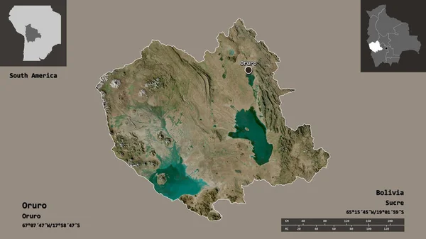 玻利维亚省奥鲁罗及其首都的形状 距离刻度 预览和标签 卫星图像 3D渲染 — 图库照片
