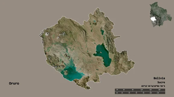 ボリビアのオルロ県の形で その首都はしっかりとした背景に隔離されています 距離スケール リージョンプレビュー およびラベル 衛星画像 3Dレンダリング — ストック写真