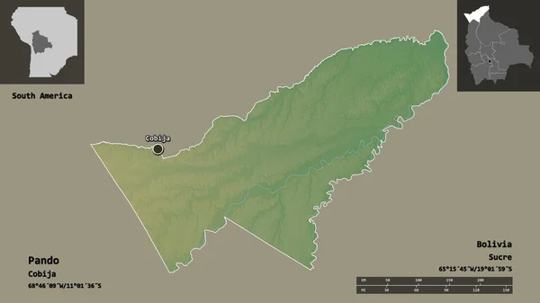 パンドの形 ボリビアの部門 そしてその首都 距離スケール プレビューおよびラベル 地形図 3Dレンダリング — ストック写真