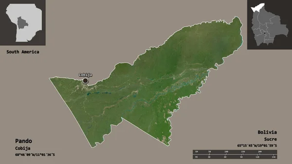 パンドの形 ボリビアの部門 そしてその首都 距離スケール プレビューおよびラベル 衛星画像 3Dレンダリング — ストック写真