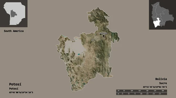 ポトシの形 ボリビアの部門 その首都 距離スケール プレビューおよびラベル 衛星画像 3Dレンダリング — ストック写真
