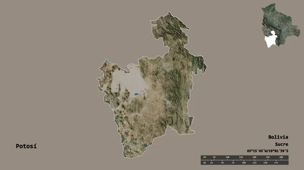 ポトシの形 ボリビアの部門 その首都はしっかりとした背景に隔離されています 距離スケール リージョンプレビュー およびラベル 衛星画像 3Dレンダリング — ストック写真