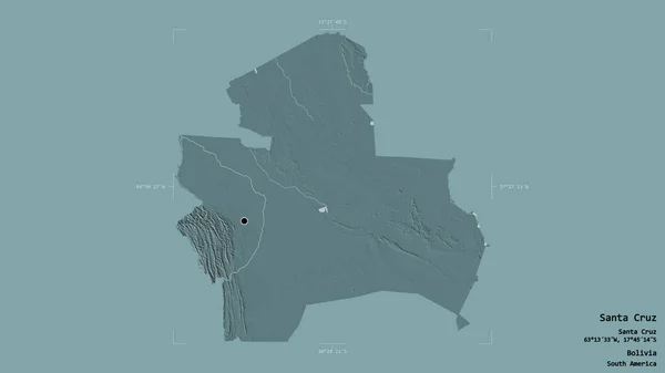 ボリビア省のサンタ クルス地区は 洗練された境界線の箱の中にしっかりとした背景に隔離されています ラベル 色の標高マップ 3Dレンダリング — ストック写真