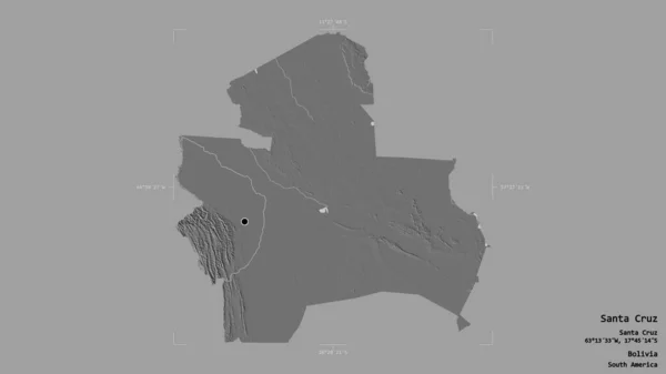ボリビア省のサンタ クルス地区は 洗練された境界線の箱の中にしっかりとした背景に隔離されています ラベル 標高マップ 3Dレンダリング — ストック写真