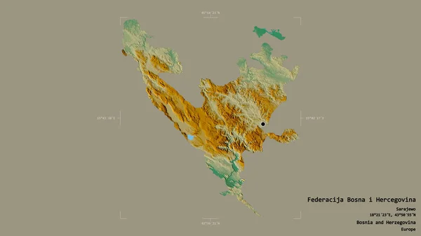 ボスニア ヘルツェゴビナ連邦共和国のボシュナ ヘルセゴヴィナ 英語版 という地域は 地理的に参照された境界の箱の中にしっかりとした背景に孤立している ラベル 地形図 3Dレンダリング — ストック写真