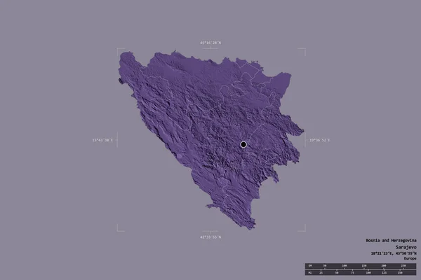 ボスニアとボスニア ヘルツェゴビナの地域は 洗練された境界の箱の中にしっかりとした背景に隔離されています 主な地域部門 距離スケール ラベル 色の標高マップ 3Dレンダリング — ストック写真